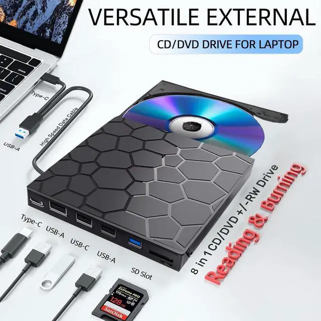 Alt view image 2 of 7 - AUTYUE External CD/DVD Drive, Portable DVD Player for Laptop, 8 in 1 USB 3.0 CD/DVD-ROM +/-RW CD Burner, External CD Drive USB CD Reader Compatible with Laptop Desktop,Windows 11/10/8/7, Linux, MacOS