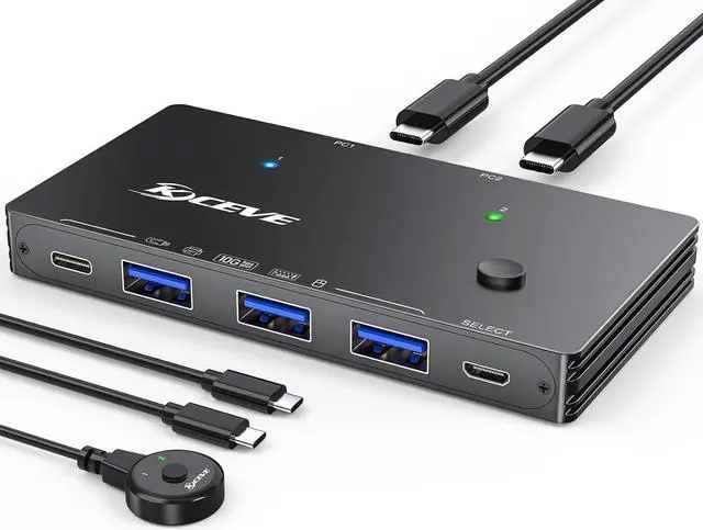Main image of AUTYUE 10Gbps USB Switch 2 Computers Share 4 USB 3.2 Gen 2 Ports, USB Switcher Selector for PC Laptop Keyboard Mouse Webcam Portable SSD, USB 3.2 Switch with 2 USB C Data Cables and Wired Remote