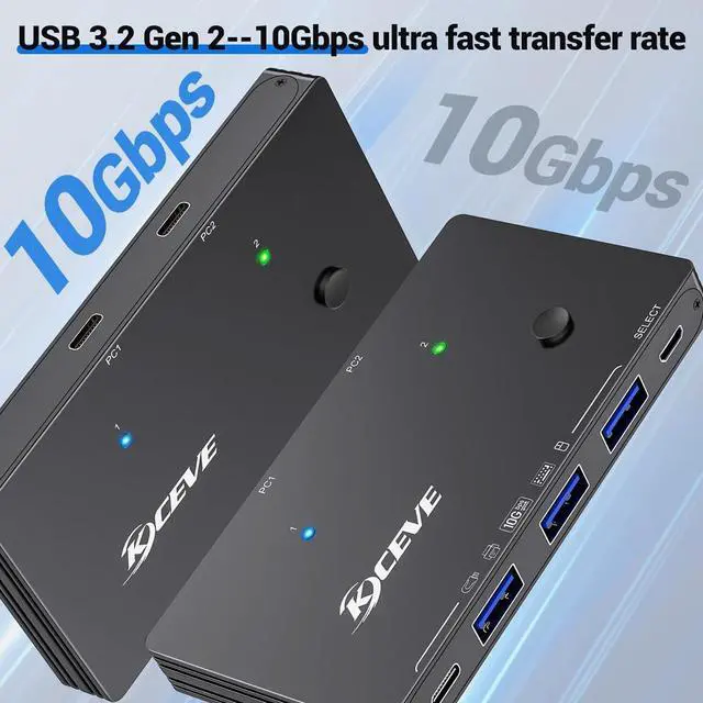 Alt view image 3 of 7 - AUTYUE 10Gbps USB Switch 2 Computers Share 4 USB 3.2 Gen 2 Ports, USB Switcher Selector for PC Laptop Keyboard Mouse Webcam Portable SSD, USB 3.2 Switch with 2 USB C Data Cables and Wired Remote