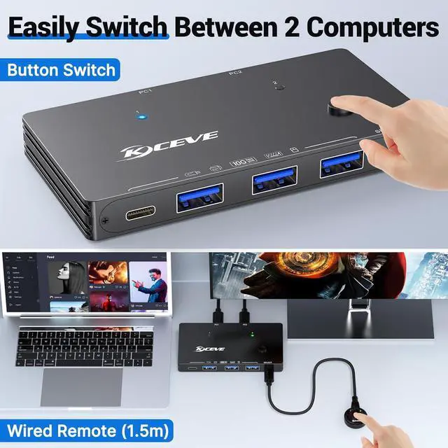 Alt view image 6 of 7 - AUTYUE 10Gbps USB Switch 2 Computers Share 4 USB 3.2 Gen 2 Ports, USB Switcher Selector for PC Laptop Keyboard Mouse Webcam Portable SSD, USB 3.2 Switch with 2 USB C Data Cables and Wired Remote