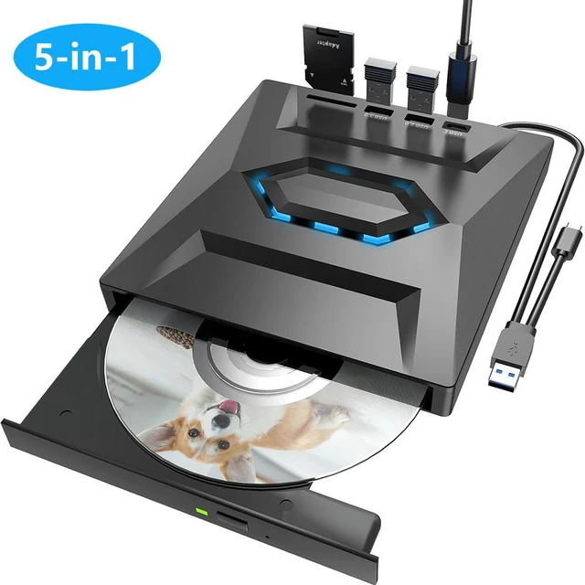 Main image of AUTYUE External CD DVD Drive for Laptop, 5 in 1 USB 3.0&USB C Portable CD/DVD +/-RW Burner DVD Player for Laptop with SD Card Reader USB 3.0 Type C Hub Compatible with Laptop Desktop PC Windows Linux