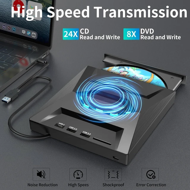 Alt view image 4 of 7 - AUTYUE External CD DVD Drive for Laptop, 5 in 1 USB 3.0&USB C Portable CD/DVD +/-RW Burner DVD Player for Laptop with SD Card Reader USB 3.0 Type C Hub Compatible with Laptop Desktop PC Windows Linux