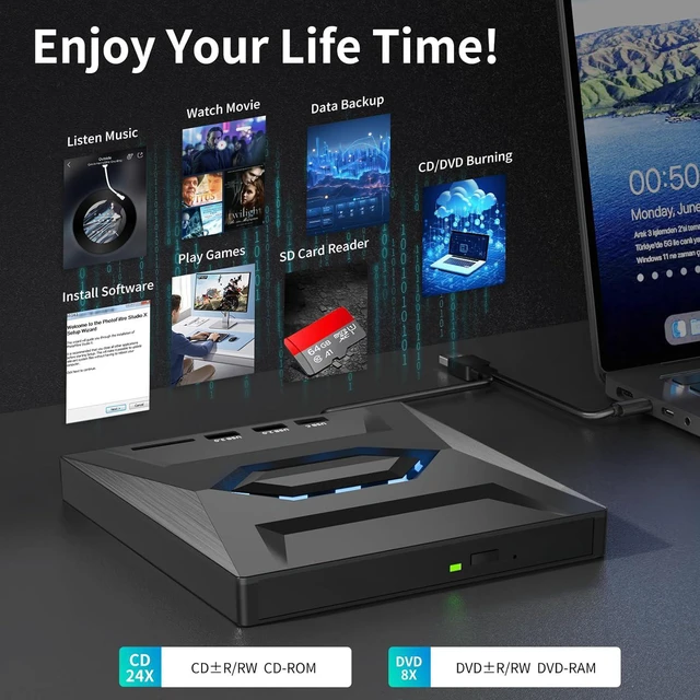 Alt view image 5 of 7 - AUTYUE External CD DVD Drive for Laptop, 5 in 1 USB 3.0&USB C Portable CD/DVD +/-RW Burner DVD Player for Laptop with SD Card Reader USB 3.0 Type C Hub Compatible with Laptop Desktop PC Windows Linux