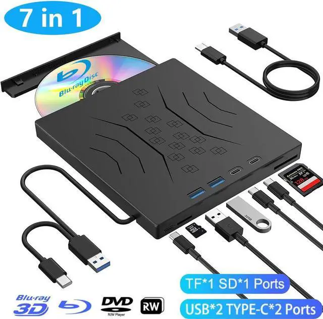 Main image of AUTYUE [7 in 1] External Blu-ray DVD Drive, USB 3.0 Type-C External Bluray/DVD Drive Burner with SD/TF Port -Support Disc R/W - External Disc Optical Drive Compatible with Windows XP/7/8/10/11, MacOS