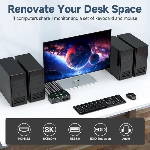 Alt view image 2 of 7 - AUTYUE 8K@60Hz KVM Switch HDMI 4 Port, 4 PC 1 Monitor HDMI KVM Switch 4 in 1 Out, EDID Simulation, For 4 Computers Share 1 Monitor and 4 USB 3.0 Port, with Wired Remote, Power Adapter & USB 3.0 Cable