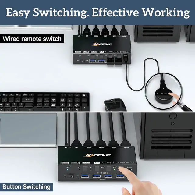 Alt view image 5 of 7 - AUTYUE 8K@60Hz KVM Switch HDMI 4 Port, 4 PC 1 Monitor HDMI KVM Switch 4 in 1 Out, EDID Simulation, For 4 Computers Share 1 Monitor and 4 USB 3.0 Port, with Wired Remote, Power Adapter & USB 3.0 Cable