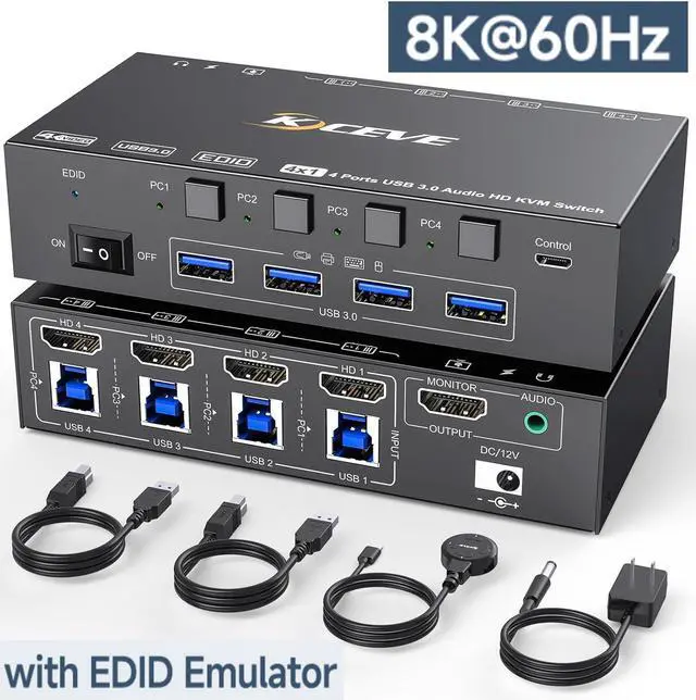 Main image of AUTYUE 8K@60Hz KVM Switch HDMI 4 Port, 4 PC 1 Monitor HDMI KVM Switch 4 in 1 Out, EDID Simulation, For 4 Computers Share 1 Monitor and 4 USB 3.0 Port, with Wired Remote, Power Adapter & USB 3.0 Cable