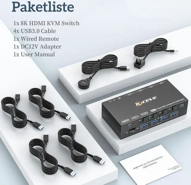 Alt view image 7 of 7 - AUTYUE 8K@60Hz KVM Switch HDMI 4 Port, 4 PC 1 Monitor HDMI KVM Switch 4 in 1 Out, EDID Simulation, For 4 Computers Share 1 Monitor and 4 USB 3.0 Port, with Wired Remote, Power Adapter & USB 3.0 Cable