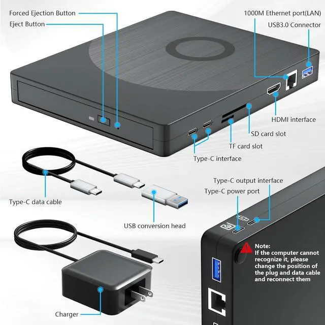 Alt view image 7 of 7 - AUTYUE External Blu-ray Drive, USB 3.0 Type-C Optical External Bluray CD DVD Drive Burner with SD/TF Port HDMI and LAN Interface Suitable for Windows XP/7/8/10/11 MacOS for PC,Laptop,Desktop,Mac