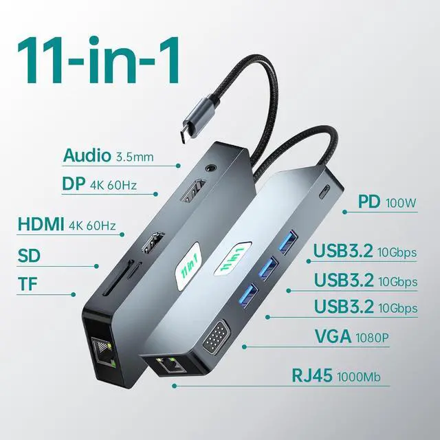 Alt view image 2 of 7 - AUTYUE [11 in 1] USB C Docking Station with 3 USB 3.2 Gen 2 Hub(10Gbps), 100W PD, 4K 60Hz HDMI, 1080P VGA, 1000Mbps LAN, DisplayPort, SD/TF Card, USB 3.2 Gen 2 Hub for Laptop/Phone/Surface/Tablet PC