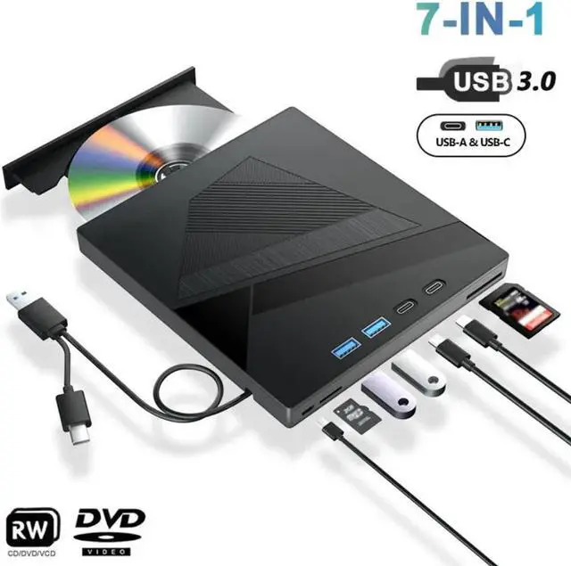 Main image of AUTYUE 7-in-1 External CD/DVD Drive for Laptop, USB 3.0 and Type-C Portable DVD Player CD/DVD +/-RW Burner,Reader Rewriter Writer Disk Duplicator Compatible with Windows XP/7/8/10, Linux MacOS