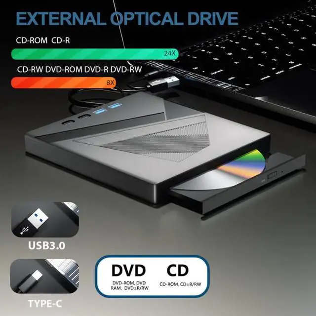 Alt view image 2 of 7 - AUTYUE 7-in-1 External CD/DVD Drive for Laptop, USB 3.0 and Type-C Portable DVD Player CD/DVD +/-RW Burner,Reader Rewriter Writer Disk Duplicator Compatible with Windows XP/7/8/10, Linux MacOS