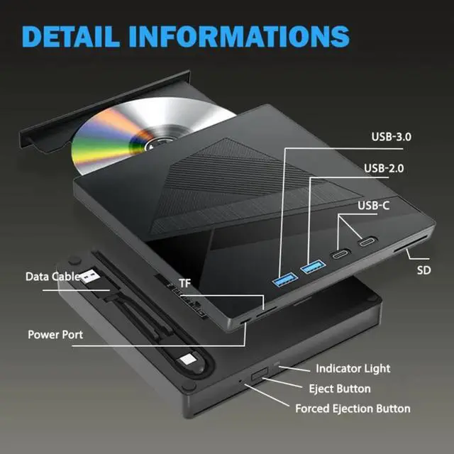 Alt view image 3 of 7 - AUTYUE 7-in-1 External CD/DVD Drive for Laptop, USB 3.0 and Type-C Portable DVD Player CD/DVD +/-RW Burner,Reader Rewriter Writer Disk Duplicator Compatible with Windows XP/7/8/10, Linux MacOS
