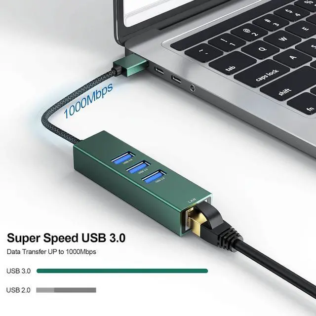 Alt view image 2 of 7 - AUTYUE USB 3.0 to Ethernet Adapter Gigabit, High-Speed 3 USB 3.0 Hub with Ethernet Aluminum 4-in-1 USB-A to LAN Network RJ45 Port, Compatible with Windows, i-Mac, Linux, PC, Chromebook Laptops