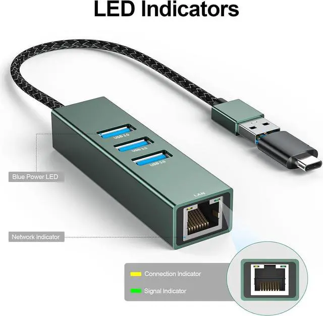 Alt view image 4 of 7 - AUTYUE USB 3.0 to Ethernet Adapter Gigabit, High-Speed 3 USB 3.0 Hub with Ethernet Aluminum 4-in-1 USB-A to LAN Network RJ45 Port, Compatible with Windows, i-Mac, Linux, PC, Chromebook Laptops