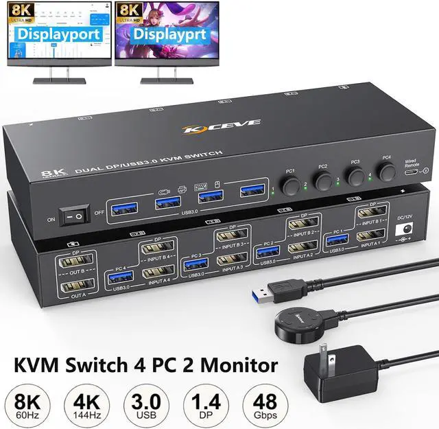 Main image of AUTYUE Displayport KVM Switch 4 Computer 2 Monitors, Dual Monitors Displayport USB 3.0 KVM Switcher, Supports 8K@30Hz 4K@60Hz for 4 DP Computers Share 2 DP Monitors, Keyboard and Mouse
