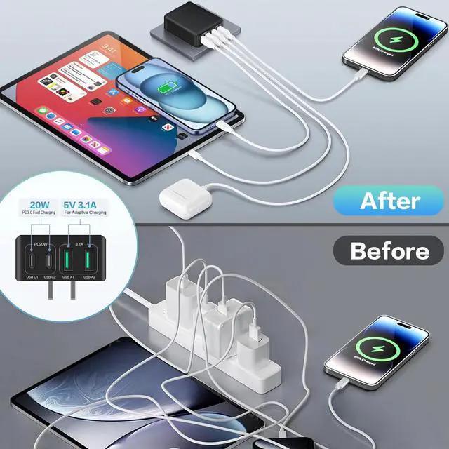Alt view image 6 of 7 - AUTYUE 3-Pack USB C Wall Charger Block, Flat USB C Charger, 40W 4-Port PD QC 3.0 Slim Fast Charging Block with Foldable Plug Type C Power Adapter Brick for i-Phone, Android Cell Phones, Tablet etc.