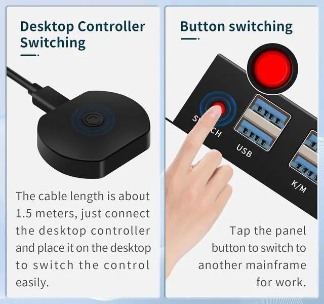 Alt view image 5 of 7 - AUTYUE 2 Port HDMI KVM Switch for 2 Computers 1 Monitors, 4K@60Hz, USB 3.0 Devices KVM switcher, USB 3.0 HDMI Switch 2 in 1 Out, with Desktop Controller, Button switches, Support Windows, Linux, MacOS