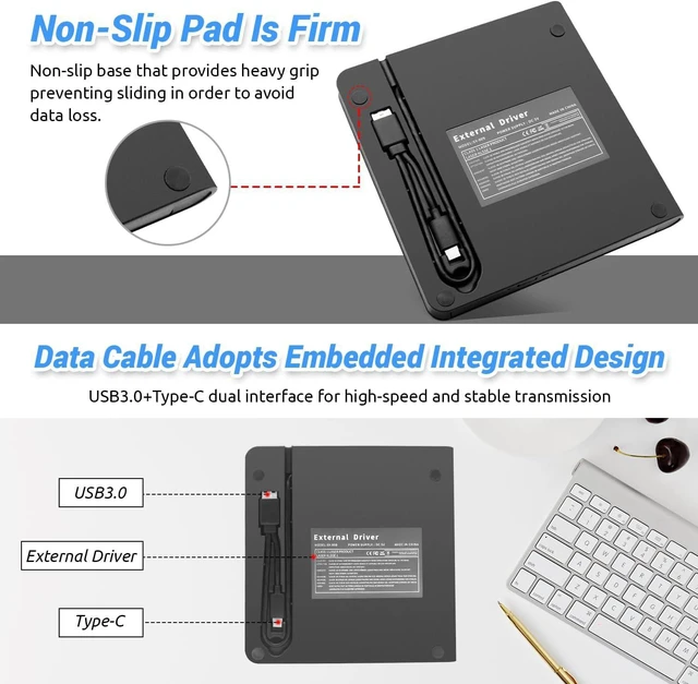 Alt view image 4 of 7 - AUTYUE 7 in 1 External CD DVD Drive, USB 3.0 and Type-C Portable CD DVD +/-Rw Drive Reader, DVD/CD ROM Burner Rewriter, Optical DVD Drive Reader for Laptop Desktop Windows 11/10/8.1/7 /Linux, MacOS