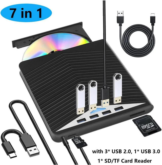 Main image of AUTYUE 7 in 1 External CD DVD Drive, USB 3.0 and Type-C Portable CD DVD +/-Rw Drive Reader, DVD/CD ROM Burner Rewriter, Optical DVD Drive Reader for Laptop Desktop Windows 11/10/8.1/7 /Linux, MacOS