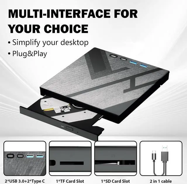 Alt view image 3 of 7 - AUTYUE 7 in 1 External DVD Drive, External CD/DVD Drive for Laptop with 4 USB & SD/TF Port, CD Burner DVD Player DVD Burner USB 3.0/Type C, CD Rom Optical Drive CD Drive for PC Laptop Windows Linux