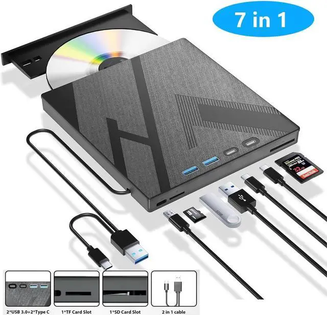 Main image of AUTYUE 7 in 1 External DVD Drive, External CD/DVD Drive for Laptop with 4 USB & SD/TF Port, CD Burner DVD Player DVD Burner USB 3.0/Type C, CD Rom Optical Drive CD Drive for PC Laptop Windows Linux