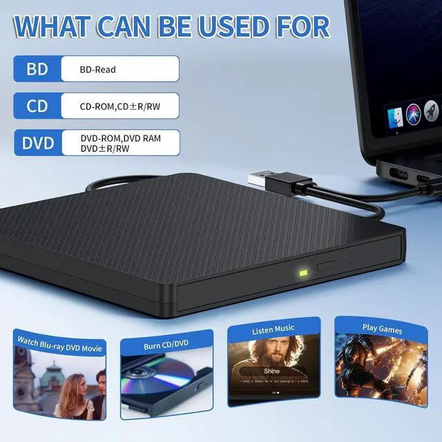 Alt view image 5 of 7 - AUTYUE External Blu-ray Drive, USB 3.0 and Type-C External CD/DVD Burner, BD Player with 3D Bluray Playback - Portable Blu-ray Drive Optical DVD Drive Compatible with Windows, Linux, Mac OS (Black)