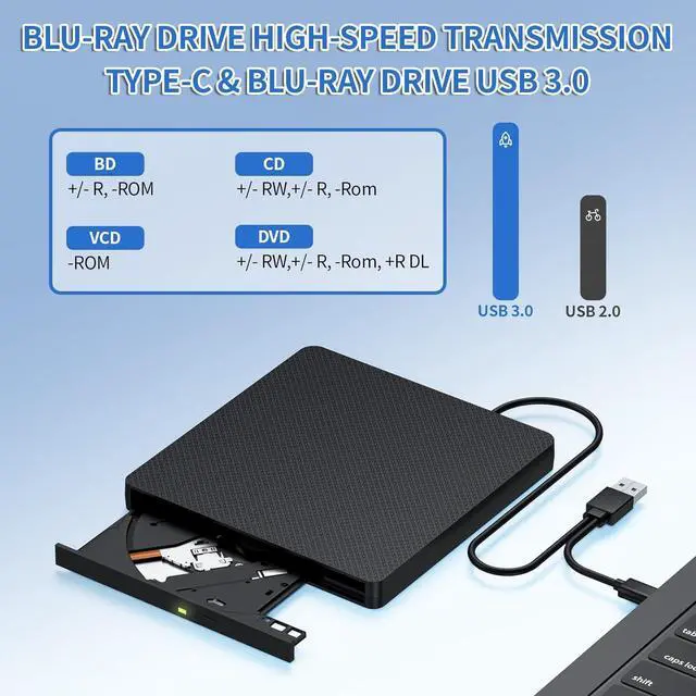 Alt view image 4 of 7 - AUTYUE External Blu-ray Drive, USB 3.0 and Type-C External CD/DVD Burner, BD Player with 3D Bluray Playback - Portable Blu-ray Drive Optical DVD Drive Compatible with Windows, Linux, Mac OS (Black)