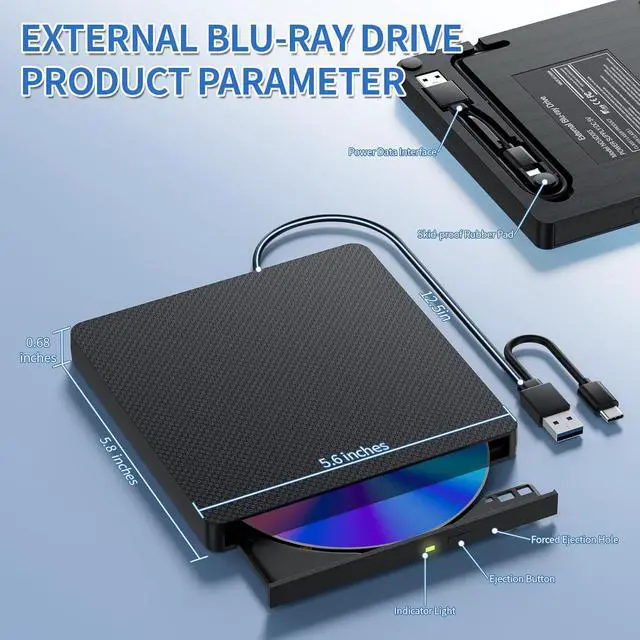 Alt view image 3 of 7 - AUTYUE External Blu-ray Drive, USB 3.0 and Type-C External CD/DVD Burner, BD Player with 3D Bluray Playback - Portable Blu-ray Drive Optical DVD Drive Compatible with Windows, Linux, Mac OS (Black)