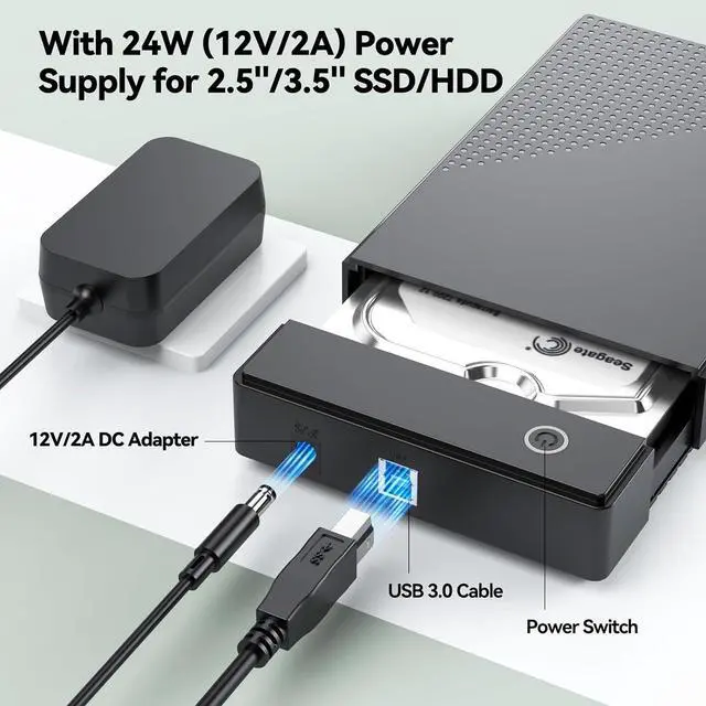 Alt view image 4 of 7 - AUTYUE 3.5 Hard Drive Enclosure, External 3.5 2.5 inch SSD HDD Enclosure Hard Drive Adapter, USB 3.0 SATA Reader up to 18TB Hard Drive Case Data Recovery Kit Support UASP with 12V 2A Power Adapter