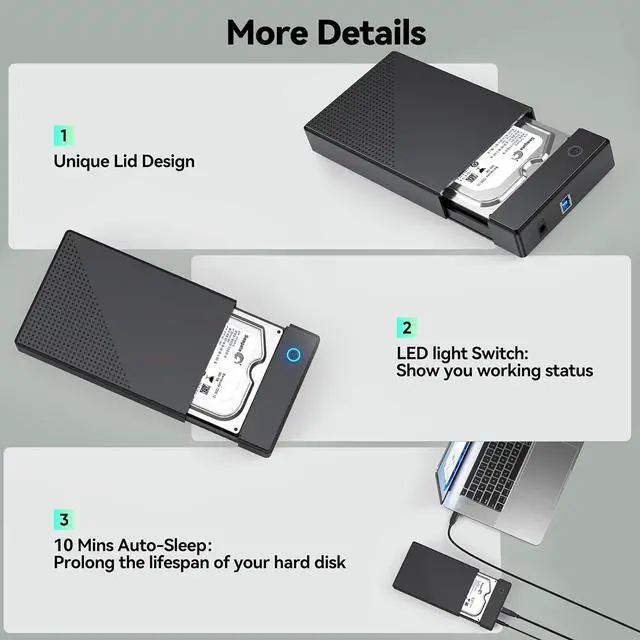 Alt view image 6 of 7 - AUTYUE 3.5 Hard Drive Enclosure, External 3.5 2.5 inch SSD HDD Enclosure Hard Drive Adapter, USB 3.0 SATA Reader up to 18TB Hard Drive Case Data Recovery Kit Support UASP with 12V 2A Power Adapter