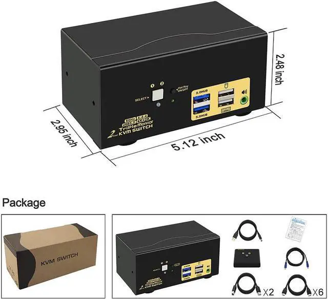 Alt view image 7 of 7 - AUTYUE 2 Port Triple Monitor HDMI KVM Switch, HDMI USB 3.0 KVM Switch with Audio Output, All Input Cables, 2 USB 3.0 Hub for 2 Computers Sharing 3 Monitors Supports Emulation EDID, Hotkey Switching