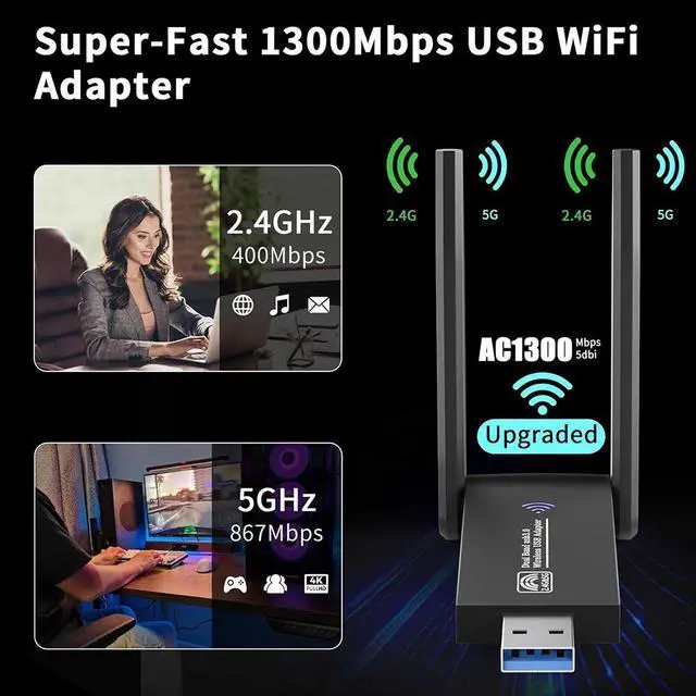 Alt view image 2 of 7 - AUTYUE USB WiFi Adapter for PC Laptop Desktop, AC1300M 2.4GHz/5.0GHz Band USB 3.0 WiFi Wireless Adapter Network Dongle w/High Gain 5dBi Dual Enhanced Antenna for Windows 11 10 8.1 8 7 XP Vista