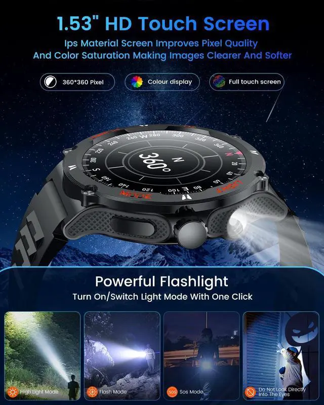 Alt view image 2 of 7 - AUTYUE Smartwatch Fitness Tracker Watch, Smart Watch 1.53" Round Touchscreen 3ATM Waterproof LED Flashlight Bluetooth Call Heart Rate Blood Pressure Sport Step Pedometer Compass Compatible Android IOS