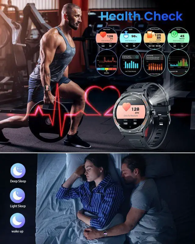 Alt view image 6 of 7 - AUTYUE Smartwatch Fitness Tracker Watch, Smart Watch 1.53" Round Touchscreen 3ATM Waterproof LED Flashlight Bluetooth Call Heart Rate Blood Pressure Sport Step Pedometer Compass Compatible Android IOS