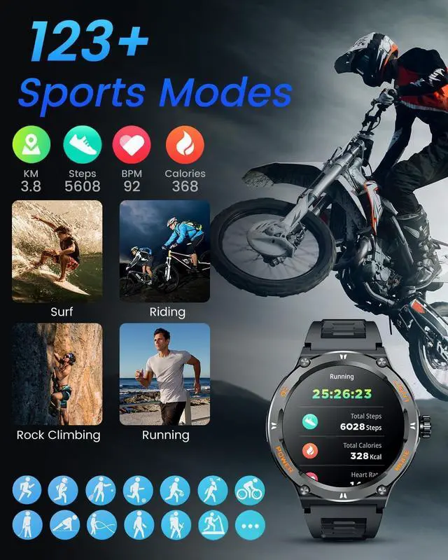 Alt view image 5 of 7 - AUTYUE Smartwatch Fitness Tracker Watch, Smart Watch 1.53" Round Touchscreen 3ATM Waterproof LED Flashlight Bluetooth Call Heart Rate Blood Pressure Sport Step Pedometer Compass Compatible Android IOS