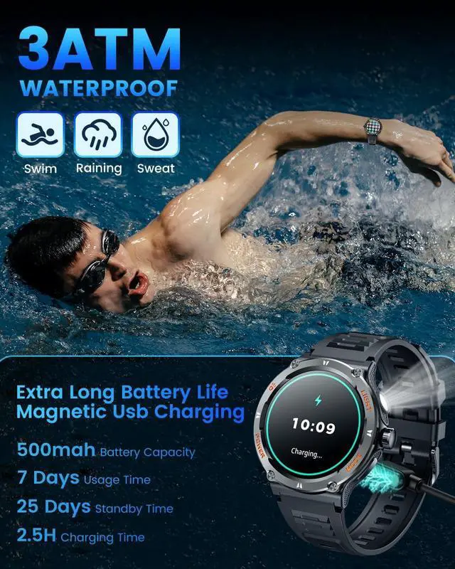 Alt view image 3 of 7 - AUTYUE Smartwatch Fitness Tracker Watch, Smart Watch 1.53" Round Touchscreen 3ATM Waterproof LED Flashlight Bluetooth Call Heart Rate Blood Pressure Sport Step Pedometer Compass Compatible Android IOS