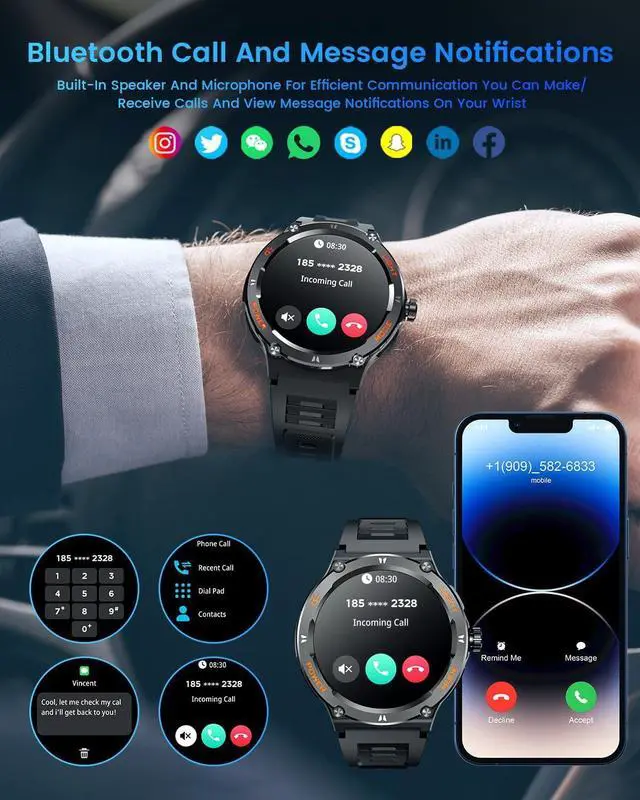 Alt view image 4 of 7 - AUTYUE Smartwatch Fitness Tracker Watch, Smart Watch 1.53" Round Touchscreen 3ATM Waterproof LED Flashlight Bluetooth Call Heart Rate Blood Pressure Sport Step Pedometer Compass Compatible Android IOS