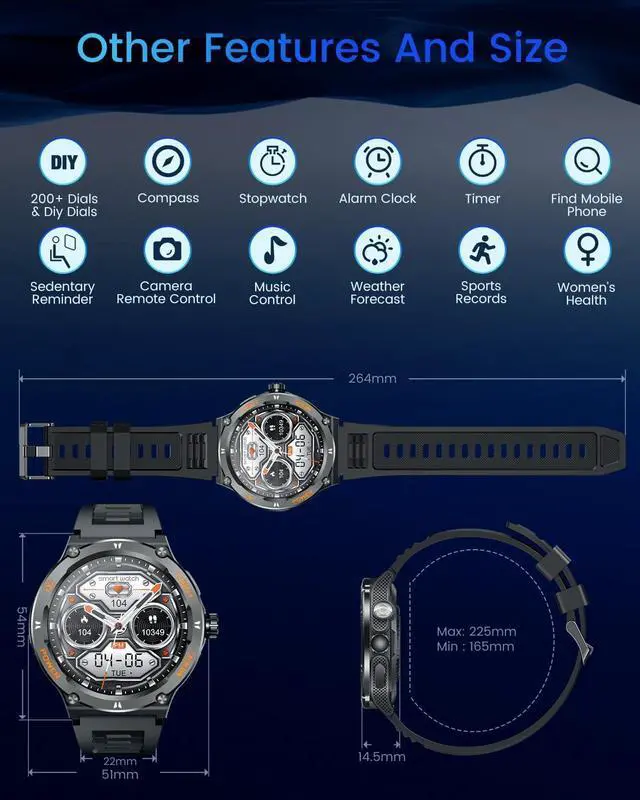 Alt view image 7 of 7 - AUTYUE Smartwatch Fitness Tracker Watch, Smart Watch 1.53" Round Touchscreen 3ATM Waterproof LED Flashlight Bluetooth Call Heart Rate Blood Pressure Sport Step Pedometer Compass Compatible Android IOS