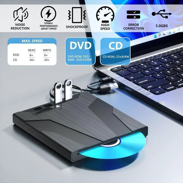 Alt view image 3 of 7 - AUTYUE 7 in 1 External CD/DVD Drive for Laptop, Slot-Loading External DVD Drive with SD/TF Port, CD Burner External CD DVD Drive for Laptop USB-A USB-C, Portable CD/DVD Writer for Laptop & Desktop