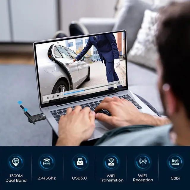 Alt view image 6 of 7 - AUTYUE USB 3.0 WiFi Adapter, AC1300Mbps WiFi Dual Band Network Wireless Adapter with 2.4GHz/5GHz, Dual 5Dbi Antennas, Wireless Adapter for PC Desktop, Supports Windows11/10/8/7/Vista/XP