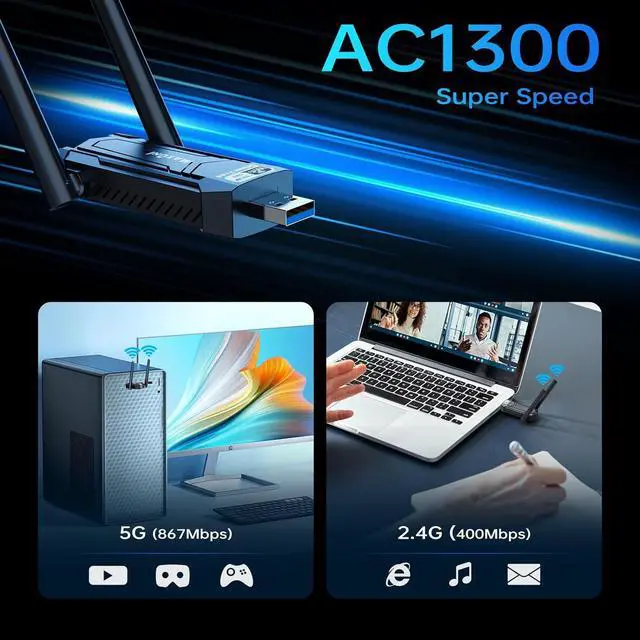 Alt view image 5 of 7 - AUTYUE USB 3.0 WiFi Adapter, AC1300Mbps WiFi Dual Band Network Wireless Adapter with 2.4GHz/5GHz, Dual 5Dbi Antennas, Wireless Adapter for PC Desktop, Supports Windows11/10/8/7/Vista/XP