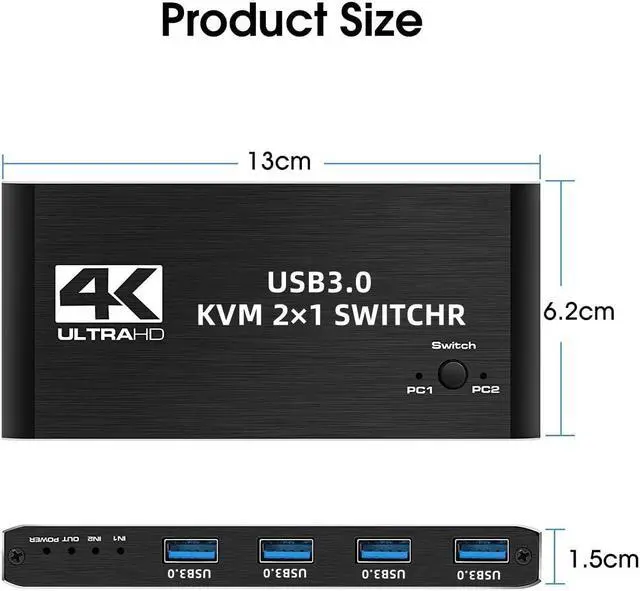 Alt view image 6 of 7 - AUTYUE 2 Port HDMI KVM Switch 2 in 1 Out, 4 port - USB 3.0 HDMI KVM Switches 4K@60Hz for 2 Computers Share 1 Monitor, Keyboard Mouse USB Devices - Including 2 USB 3.0 cables