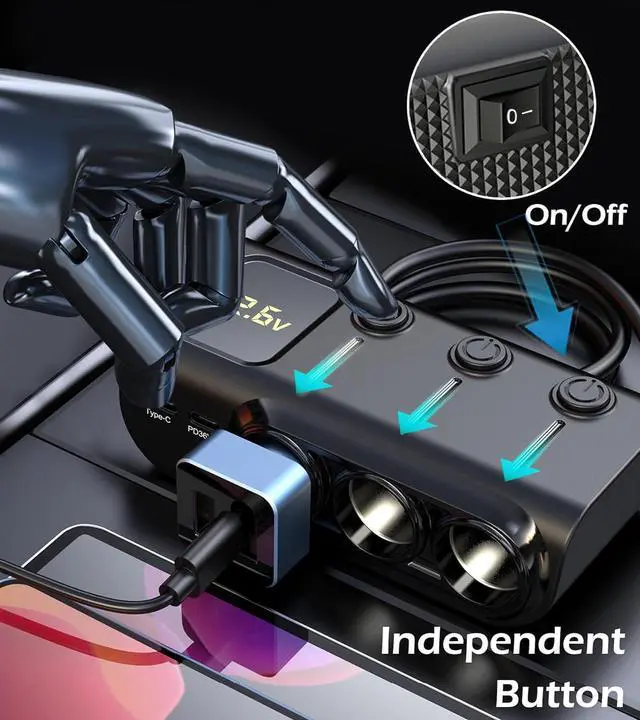 Alt view image 4 of 7 - AUTYUE 8 in 1 Cigarette Lighter Splitter, 3 Socket Car Charger Adapter, Type-C QC 3.0 PD 36W Dual USB Charging Ports, Car 12V/24V Auto Plug Outlet with Independent Switches, LED Voltmeter(3.3FT Cable)