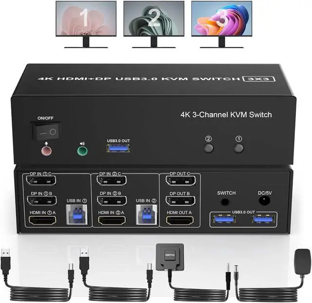 Main image of AUTYUE HDMI + 2 Displayport USB 3.0 KVM Switch Triple Monitor for 2 Computers, 4K@60Hz KVM Switch 2 Computers 3 Monitors with Audio Microphone Output and 3 USB 3.0 Ports, Keyboard Mouse Switcher