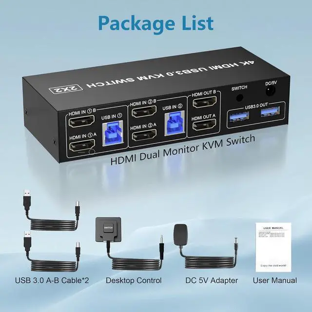 Alt view image 7 of 7 - AUTYUE HDMI Dual Monitor KVM Switch 2 Computers 2 Monitors Support 4K@60Hz, EDID Emulators USB 3.0 HDMI KVM Switcher for 2 Computers Share 2 Monitors and 3 USB 3.0 Ports with Audio Microphone