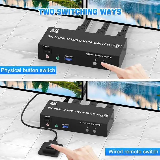 Alt view image 7 of 7 - AUTYUE 8K@60Hz USB 3.0 Dual Monitor HDMI KVM Switch, HDMI KVM Switch for 2 Monitors 2 Computers with 3 USB3.0 Ports, Extended Display Switcher with Audio Microphone, PC Monitor Keyboard Mouse Switcher