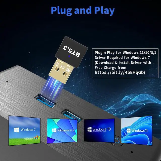 Alt view image 3 of 7 - AUTYUE USB Bluetooth 5.3 Adapter for PC Desktop, 20M Wireless Transmitter Dongle for Windows 11/10/8.1 Computer Laptop, Plug & Play, Pair w/Bluetooth Headset Headphones Speaker Keyboard Mouse Printer