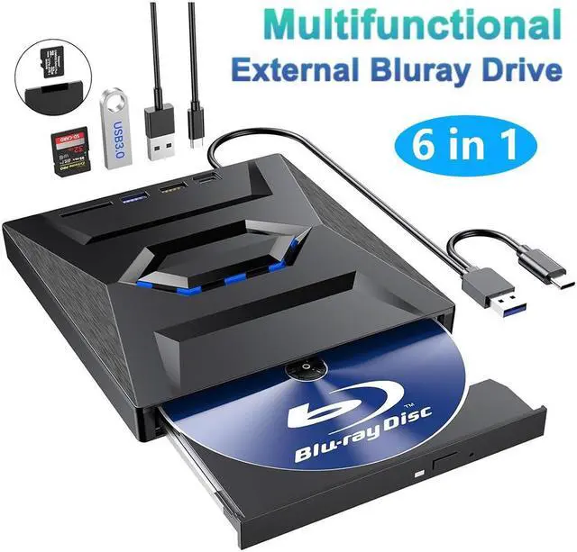 Main image of AUTYUE [6 in 1] External Blu Ray Drive, Portable Bluray Player Writer Reader,CD Burner with USB 3.0 Type C Port & SD Card, DVD & CD-ROM +/-RW, External Blu-Ray Drives for PC Laptop Windows Mac Linux