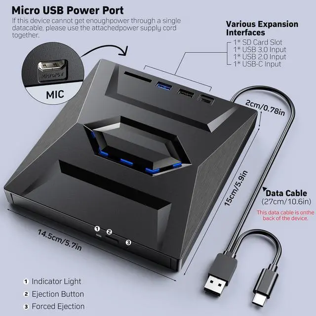 Alt view image 6 of 7 - AUTYUE [6 in 1] External Blu Ray Drive, Portable Bluray Player Writer Reader,CD Burner with USB 3.0 Type C Port & SD Card, DVD & CD-ROM +/-RW, External Blu-Ray Drives for PC Laptop Windows Mac Linux